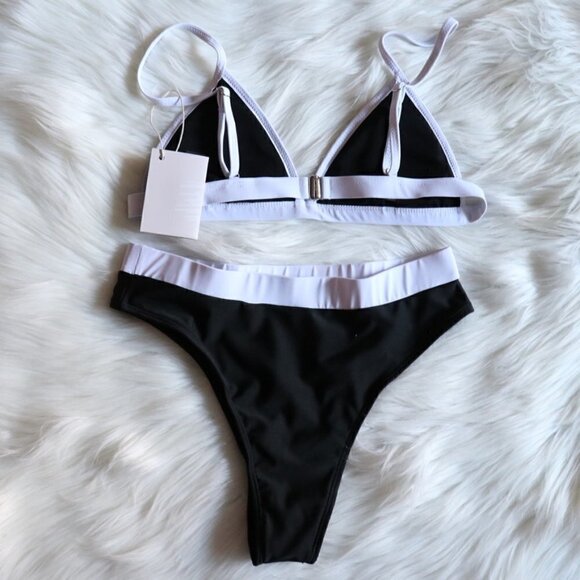 NEW Black White High Waisted Bikini Bathing Suit Swim Set Size Large - Picture 5 of 8
